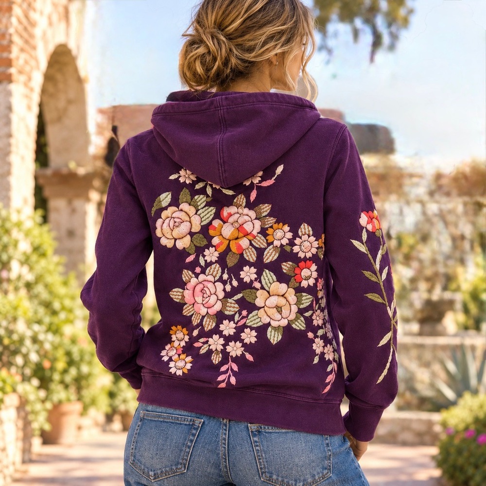 Vintage Lucky Brand Y2K Plum Purple Floral Embroidered Zip Hoodie Romantic Boho